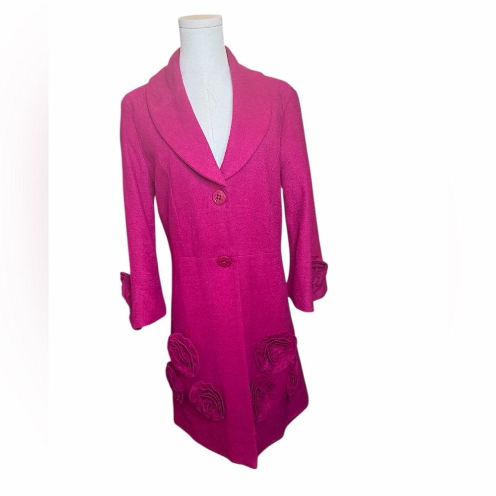Radzoli Pink Wool Blend Statement Coat Floral Rosette Detail XL